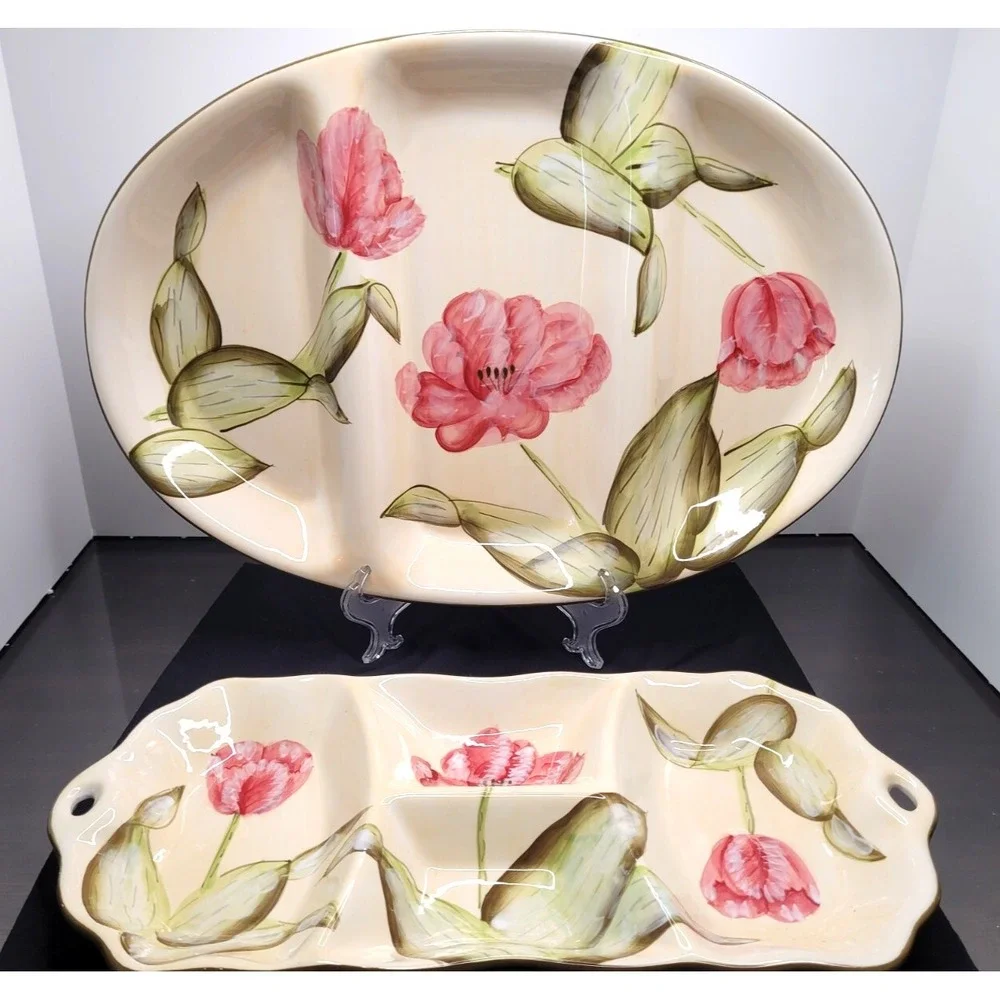 STYLE EYES By Baum Bros Divided Serving Platters Pink Tulips - Beautiful!